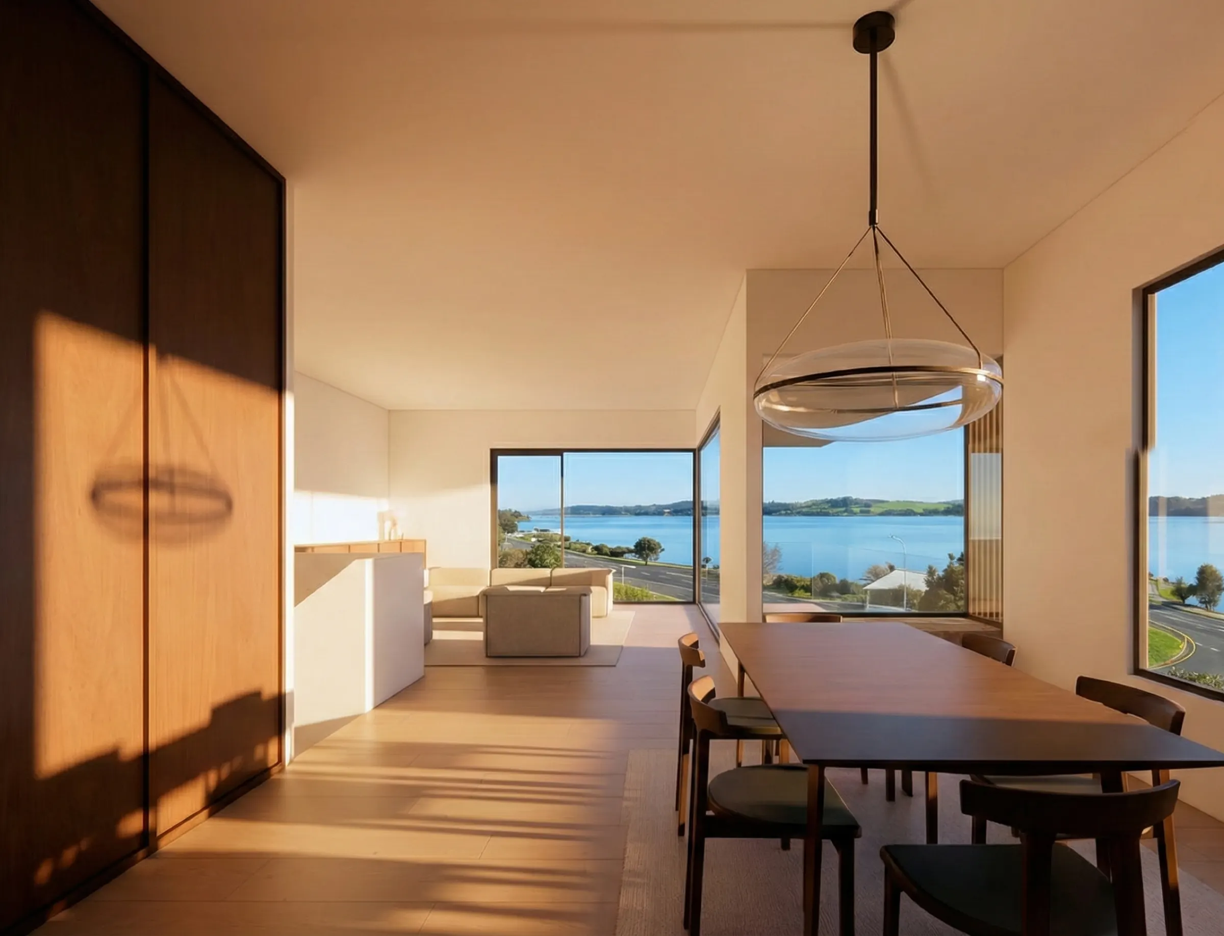 Living room with wide windows to the lake, artist impression